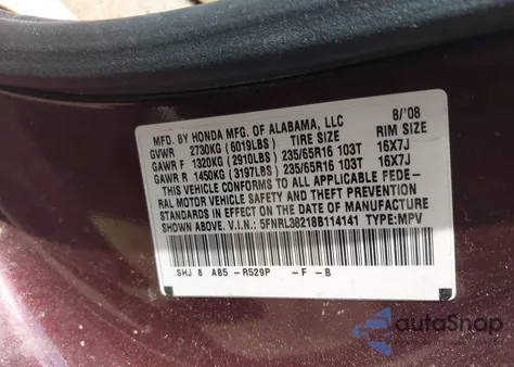 2008 Honda Odyssey Lx from USA, damaged, VIN 5FNRL38218B114141